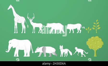 Wildlife animals. Minimalism deign in paper cut and craft style. Art digitalcraft for world environment day. Stock Vector