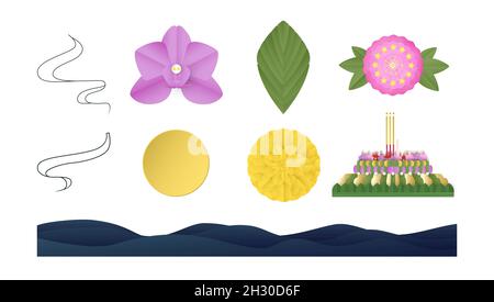 Elememts is designed for Loy Krathong festival. Vector illustration designs in minimal style for template, cover, invitation, card. Paper crafts for k Stock Vector