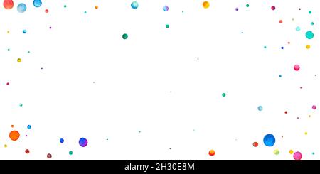 Watercolor confetti on white background. Alive rainbow colored dots. Happy celebration wide colorful bright card. Fascinating hand painted confetti. Stock Photo