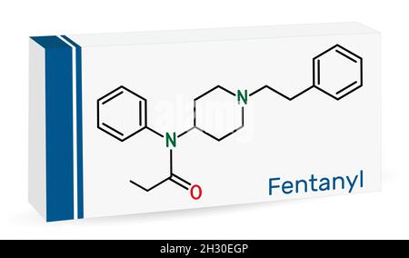 Fentanyl, fentanil,  C22H28N2O molecule. It is opioid analgesic. Skeletal chemical formula. Paper packaging for drugs. Vector illustration Stock Vector