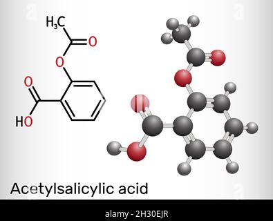 Acetylsalicylic acid, aspirin, ASA molecule. It is salicylate, analgesic and antipyretic medication used to treat pain, fever, inflammation. Structura Stock Vector