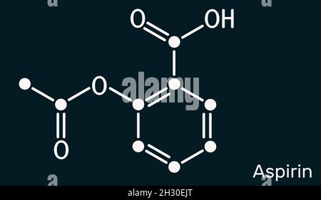 Acetylsalicylic acid, aspirin, ASA molecule. It is salicylate, analgesic and antipyretic medication used to treat pain, fever, inflammation. Skeletal Stock Photo