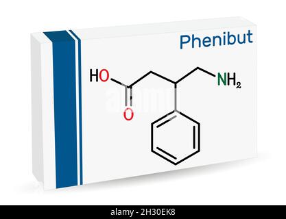 Phenibut molecule. It is central nervous system depressant with anxiolytic and sedative effects. Skeletal chemical formula. Paper packaging for drugs. Stock Vector