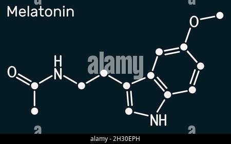 Melatonin molecule, hormone that regulates sleep and wakefulness. Structural chemical formula on the dark blue background. Illustration Stock Photo
