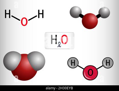 Water , H2O, HOH molecule. It is inorganic hydroxy compound, oxygen hydride consisting of an oxygen atom and two hydrogen atoms. Structural chemical f Stock Vector