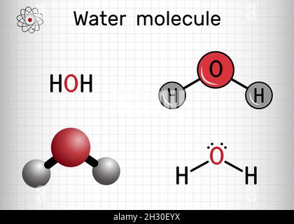 Water , H2O, HOH molecule. It is inorganic hydroxy compound, oxygen hydride consisting of an oxygen atom and two hydrogen atoms. Sheet of paper in a c Stock Vector