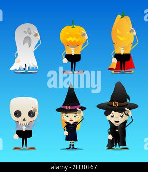 Kid dressed for Halloween confused, scratching his head. Vector cartoon character illustration of kids ready to Trick or Treat. Stock Vector