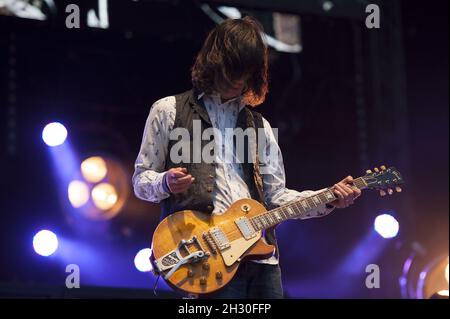 John Squire of the Stone Roses performs live on stage at Finsbury Park, London. Stock Photo