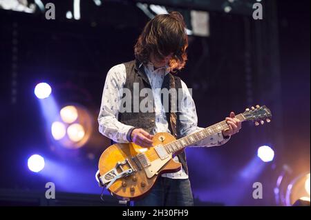 John Squire of the Stone Roses performs live on stage at Finsbury Park, London. Stock Photo