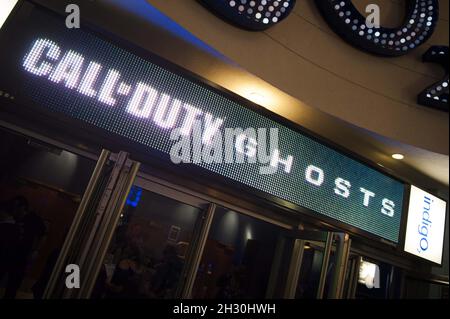 General view of the entrance sign at the  Call of Duty: Ghosts Launch party at Indigo2, The O2 centre, Peninsula Square in London. Stock Photo