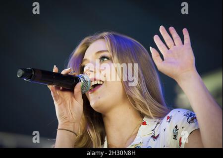 Becky Hill performs live on stage on day 2 of V Festival 2014, Hylands Park in Chelmsford Stock Photo