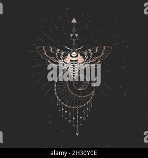 Vector illustration with hand drawn dead head moth and Sacred geometric symbol on black vintage background. Abstract mystic sign. Gold linear shape. F Stock Vector