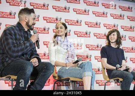 Jon Bernthal, Sarah Wayne Callies and Chandler Riggs during a discussion panel at Walker Stalker London 2016, at Olympia - London Stock Photo