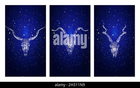 Vector set of three illustrations with silhouettes skulls antelopes and goat on blue starry sky background. In blue color. For you design, print, tatt Stock Vector