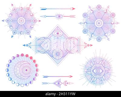 Vector set of Sacred geometry symbols with moon, sun, eye and arrows on white background. Abstract mystic signs collection. Colored linear shapes. For Stock Vector