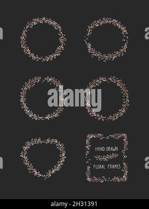 Vector set of floral hand drawn frame on black background. Decorative wreaths collection. Gold and white elements. Stock Vector