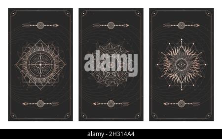 Vector set of three dark illustrations with sacred geometry symbols, grunge textures and frames. Images in black and gold colors. Stock Vector