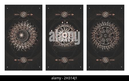 Vector set of three dark illustrations with sacred geometry symbols and grunge textures. Images in black and gold colors. Stock Vector