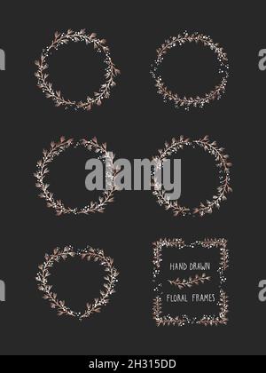 Vector set of floral hand drawn frame on black background. Decorative wreaths collection. Gold and white elements. Stock Vector
