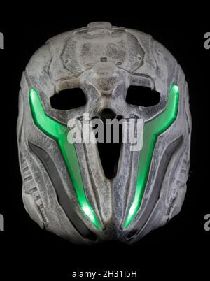 Light-Up Robo Helmet Mask Isolated Against Black Background Stock Photo