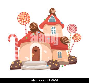 Pastry. Sweet caramel fairy house with red roof.. Illustration in cartoon style flat design. Picture for children isolated on white background. Vector Stock Vector