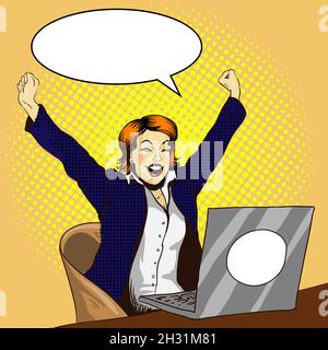 Woman work on laptop retro comic pop art vector illustration. Businesswoman in office. Job is done concept Stock Vector