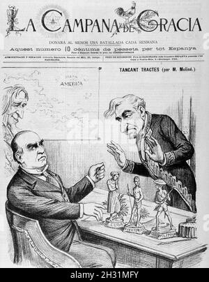 MAC KINLEY , WILLIAM. POLITICO NORTEAMERICANO . 1843 - 1901. CARICATURA EN LA REVISTA SATIRICA ' LA CAMPANA DE GRACIA ' , BARCELONA 1898 , JUNTO A SAGASTA CON EL ASUNTO DE CUBA. Stock Photo