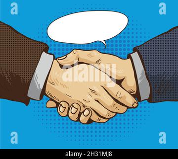 Businessmen shake hands vector illustration in retro pop art style. Partnership handshake concept poster in comic design Stock Vector