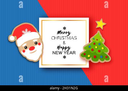 Happy New Year greeting card. Christmas Santa and Christmas tree. Winter holidays . Vector Stock Vector