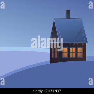 Rural small house in winter. Landscape. Christmas night. Quiet winter evening. The gable roof is covered with snow. Nice and cozy suburban village Stock Vector