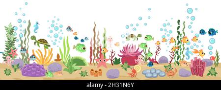 Bottom of reservoir with fish. Blue water. Isolated. Sea ocean. Underwater landscape with animals. plants, algae and corals. Cartoon style Stock Vector