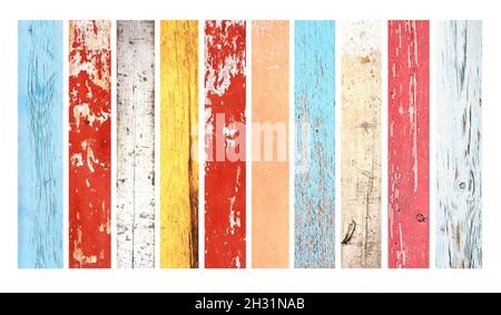 Collection of vertical or horizontal banners with wood textures of red, yellow, green, light blue, white, brown colors. Set of boards painted in diffe Stock Photo