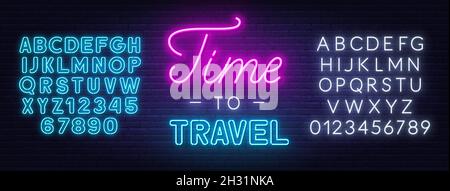 Time to travel neon lettering on brick wall background . Neon white and blue alphabet . Stock Vector