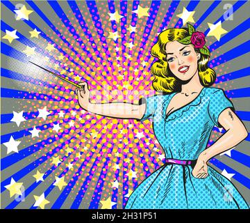 Vector illustration of woman with magic wand, pop art style Stock Vector