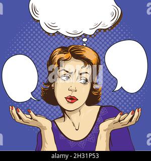 Woman thinking about difficult choice. Vector illustration in comic pop art style Stock Vector