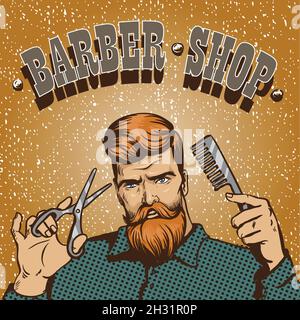 Barber shop poster vector illustration. Hipster stylist with scissors design in vintage pop art style Stock Vector