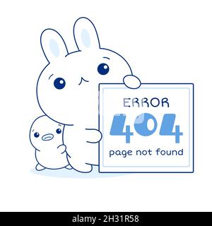 404 error Page not found. Sad kawaii bunny and duckling with Error message. Cute little duck and rabbit apologize.  System maintenance, updates, uploa Stock Vector