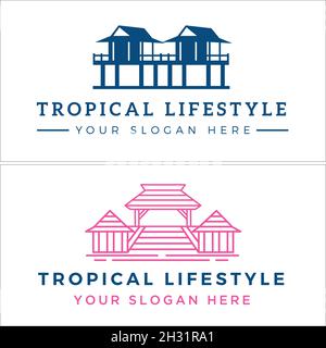 Modern bungalow travel wooden resort stage home villa classic logo design Stock Vector
