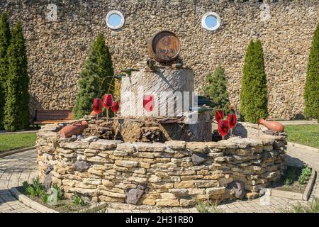 Red wine fountain outside the biggest wine cellars