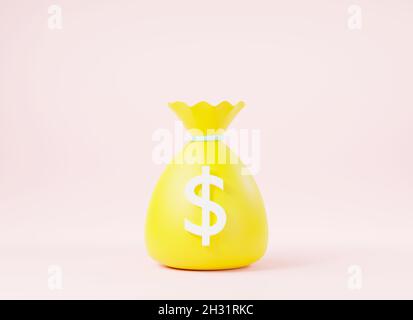 Money bag with dollar icon cash, Canvas money sacks, business and finance, return on investment sign concept, moneybag simple cartoon on pink backgrou Stock Photo