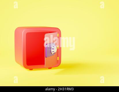 Security metal safe bank box icon, money locker safe front view with open door on yellow background, web design element templates, wallet security con Stock Photo