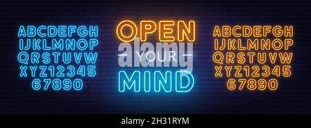 Open your Mind neon lettering on brick wall background. Neon blue and yellow alphabet. Stock Vector