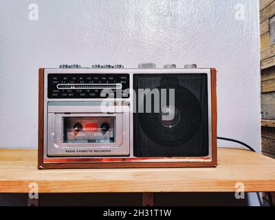 An antique radio on a table in good condition. Selective focus points Stock Photo