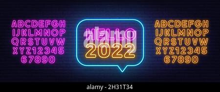 Hello 2022 neon sign in the speech bubble on brick wall background. Neon pink and yellow alphabet . Stock Vector