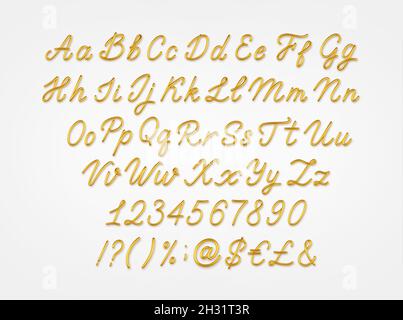 Gold 3d realistic capital and lowercase letters, numbers, symbols and currency signs isolated on a light background. Vector illustration. Stock Vector