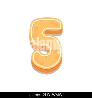 Gingerbread Cookies number five, 5. Cartoon number with icing sugar covering. Vector illustration for your design. Stock Vector