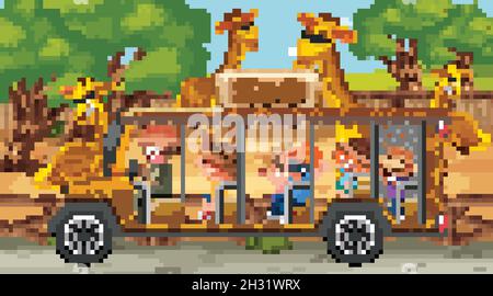 Safari scene with many giraffes and kids on tourist car illustration Stock Vector