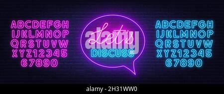 Neon sign Let s Discuss in the speech bubble on brick wall background. Neon pink and blue alphabet . Stock Vector