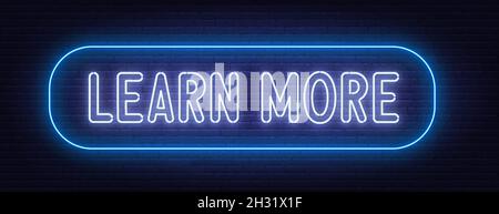 Learn More neon sign on brick wall background. Stock Vector