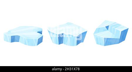 Set Ice floe, frozen water piece, iceberg in cartoon style isolated on white background. Collection polar landscape element, ui game asset. Winter decoration. Vector illustration Stock Vector